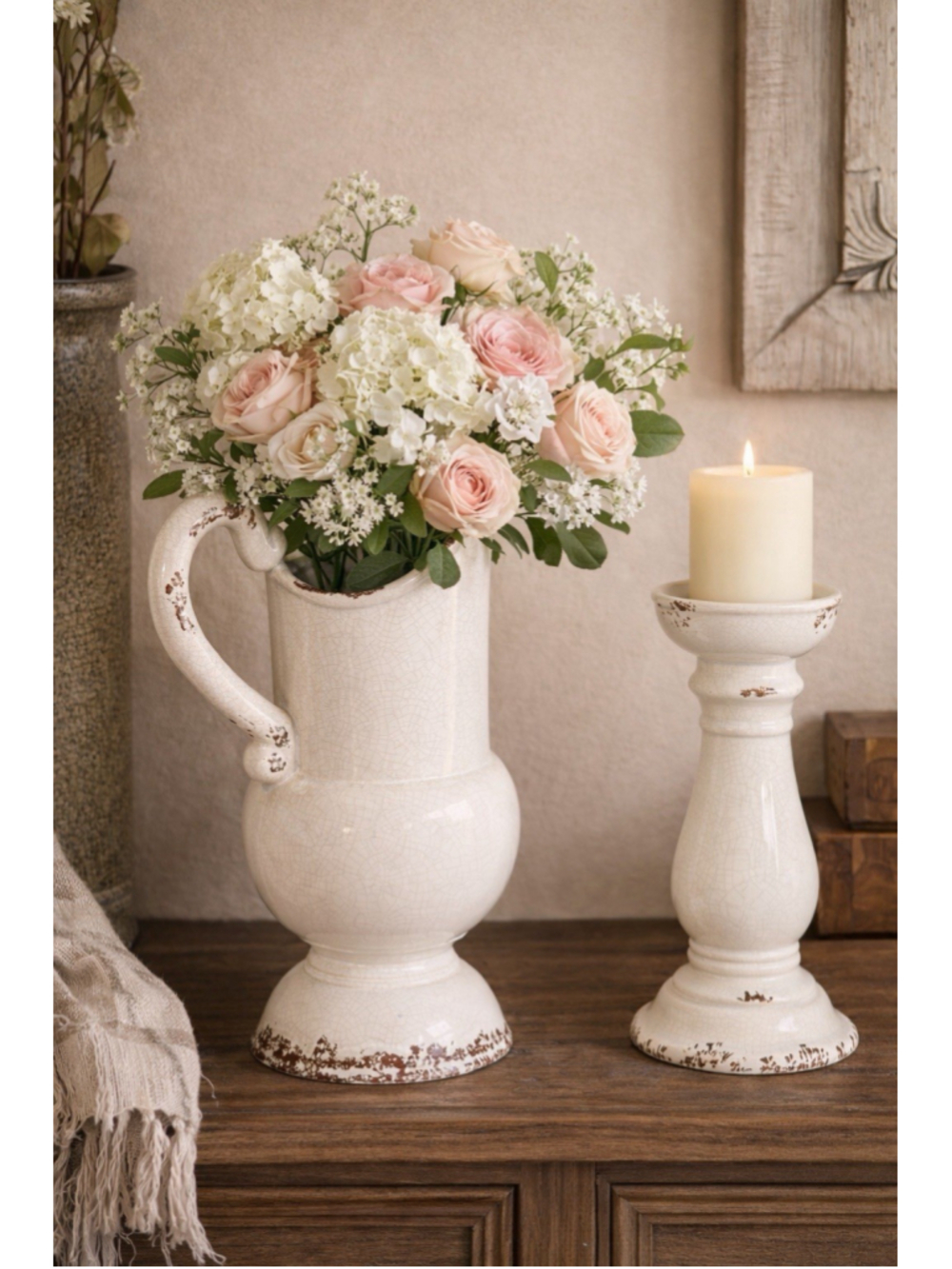 Ashley Dierdra Candle Holder & Pitcher Distressed Cream Farmhous
